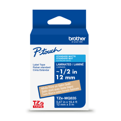 Brother P-Touch TZeMQ835, Laminated, ~1/2in x 16.4ft (12mm x 5m), White on Satin Gold Label Tape