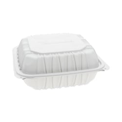 Pactiv Evergreen EarthChoice® Vented Microwavable MFPP Hinged Lid Containers, 3-1/8"H x 8-1/2"W x 8-1/2"D, White, Carton Of 146 Containers