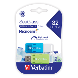 Verbatim SeaGlass USB 3.2 Gen 1 Flash Drives, 32GB, Assorted Colors, Pack Of 2
