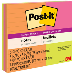 Post-it® Super Sticky Notes, 810 Total Notes, Pack Of 9 Pads, Assorted Sizes, Energy Boost Collection, Lined and Unlined, 90 Notes Per Pad
