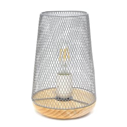 Simple Designs Wired Mesh Uplight Table Lamp, 9"H, Gray Shade/Natural Wood Base