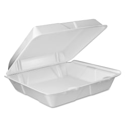 Dart® Foam Hinged-Lid Containers, Vented, 3"H x 9"W x 9-7/16"D, White, 100 Containers Per Pack, Carton Of 2 Packs