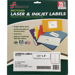 SKILCRAFT® Recycled Address Labels - 1 21/64" Width x 4" Length - Rectangle - Laser, Inkjet - White - Paper - 14 / Sheet - 350 / Pack - TAA Compliant