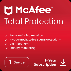 McAfee® Total Protection Antivirus & Internet Security Software, For 1 Device, 1-Year Subscription, For Windows®/Mac®/Android/iOS/ChromeOS, Download