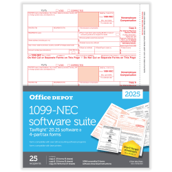 Office Depot® 1099-NEC Laser Tax Forms With Software, 4-Part, 3-Up, 8-1/2" x 11", Pack Of 25 Form Sets, NEC720592525
