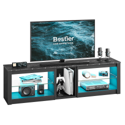 Bestier 63" Gaming TV Stand For 70" TV With Glass Shelves, 20-9/16"H x 63"W x 13-13/16"D, Black Marble
