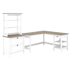 Bush Furniture Mayfield 60"W L-Shaped Computer Desk With Lateral File Cabinet And Hutch, Pure White/Shiplap Gray, Standard Delivery