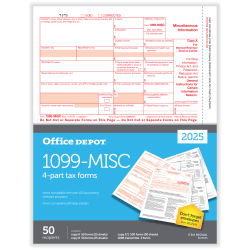 Office Depot® 1099-MISC Laser Tax Forms, 4-Part, 2-Up, 8-1/2" x 11", Pack Of 50 Form Sets