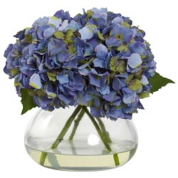 Nearly Natural Blooming Hydrangea 9"H Large Plastic Floral Arrangement With Vase, 9"H x 10"W x 8"D, Blue