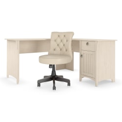 Bush Furniture Salinas 60"W L-Shaped Desk With Mid-Back Tufted Office Chair, Antique White, Standard Delivery