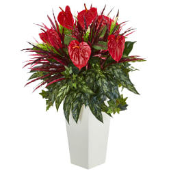Nearly Natural Mixed Anthurium 33" Artificial Plant With Tower Vase, Red/White