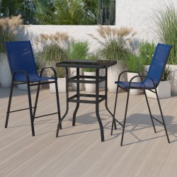 Flash Furniture Brazos 2-Person Glass-Table Outdoor Bistro Dining Set With All-Weather Patio Stools, Navy