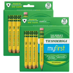 Ticonderoga My First Short Wooden Pencils, #2 HB/Soft, Yellow, 12 Pencils Per Pack, Set Of 2 Packs