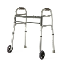 Medline Junior Adjustable Aluminum/Steel 2-Button Folding Walker, 25" - 32"H, With 5" Wheels
