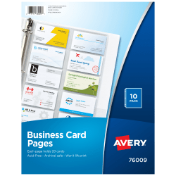 Avery® Business Card Organizer 3-Ring Binder Pages, 8-1/2" x 11", Clear, Pack Of 10 Pages