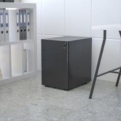 Flash Furniture Modern 21"D Vertical 3-Drawer Mobile Locking Filing Cabinet, Metal, Black