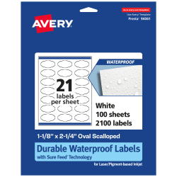 Avery® Waterproof Permanent Labels With Sure Feed®, 94061-WMF100, Oval Scalloped, 1-1/8" x 2-1/4", White, Pack Of 2,100