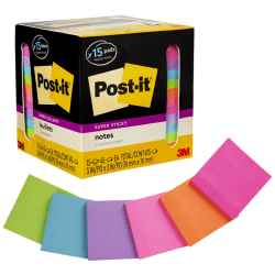 Post-it® Super Sticky Notes Pads, 3" x 3", Assorted Bright Colors, Pack Of 15 Pads