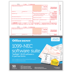 Office Depot® 1099-NEC Laser Tax Forms With Software, 4-Part, 3-Up, 8-1/2" x 11", Pack Of 50 Form Sets, NEC7205925