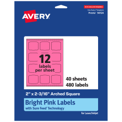 Avery® Print-To-The-Edge Labels With Sure Feed® Technology, 94124-BPP40, Arched Square, 2" x 2-3/16", Matte Bright Pink, Pack of 480