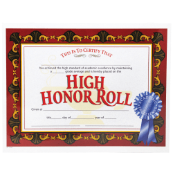 Hayes High Honor Roll Certificates, 8 1/2" x 11", Beige/Red, 30 Certificates Per Pack, Bundle Of 6 Packs