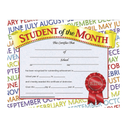 Hayes Student Of The Month Certificates, 8 1/2" x 11", Multicolor, 30 Certificates Per Pack, Bundle Of 6 Packs