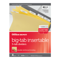 Office Depot® Brand Insertable Dividers With Big Tabs, Buff, Clear Tabs, 5-Tab, Pack Of 4 Sets
