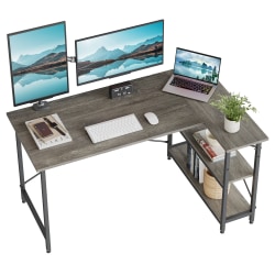 Bestier L-Shaped Corner Desk With Storage Shelf, 56"W, Dark Retro Gray Oak