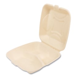 Boardwalk® Bagasse Food Containers, 3-Compartment, 9"H x 9"W x 3-1/4"D, Tan, Carton Of 200 Containers