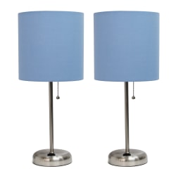 LimeLights Brushed Steel Stick Lamp with Charging Outlet and Blue Fabric Shade 2 Pack Set