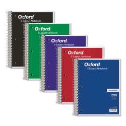 Oxford® 5-Subject Coil-Lock Wire-Bound Notebook, 8-1/2" x 11", College Ruled, 200 Sheets, Assorted Colors