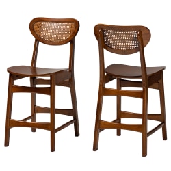 Baxton Studio Hesper Mid-Century Modern Finished Wood/Rattan Counter-Height Stools With Backs, Walnut Brown, Set Of 2 Stools