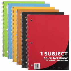 Trailmaker Spiral-Bound Notebooks, 10-1/2" x 7-1/2", 1-Subject, Wide-Ruled, 70 Sheets, Assorted Colors, Pack Of 50 Notebooks