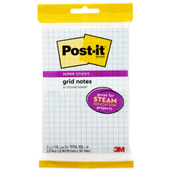 Post-it® Super Sticky Notes, 100 Total Notes, Pack Of 2 Pads, 4" x 6", Assorted, Grid Lines, 50 Notes Per Pad