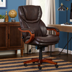 Serta® Big & Tall Bonded Leather High-Back Office Chair With Wood Accents, Biscuit/Espresso