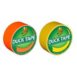 Duck Brand Duct Tape Rolls, 1.88" x 20 Yd/1.88" x 15 Yd., Yellow/Neon Orange, Pack Of 2 Rolls