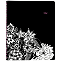2024 Cambridge® FloraDoodle Premium Weekly/Monthly Appointment Book, 8-1/2" x 11", Black/White, January To December 2024 , 589-905