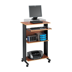 Safco® Muv 30"W Fixed Height Stand-Up Mobile Workstation With 2-Shelves and Keyborad Tray, Cherry/Black