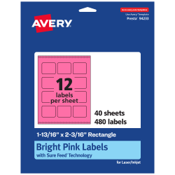 Avery® Print-To-The-Edge Labels With Sure Feed® Technology And Easy Peel® Label Feature, 94233-BPP40, Rectangle, 1-13/16" x 2-3/16", Matte Bright Pink, Pack of 480