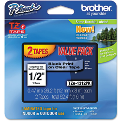 Brother® TZe-1312-PK Black-On-Clear Tapes, 0.5" x 26.2', Pack Of 2