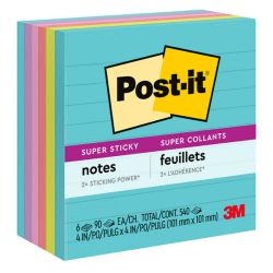 Post-it Super Sticky Notes, 4 in x 4 in, 6 Pads, 90 Sheets/Pad, 2x the Sticking Power, Supernova Neons Collection, Lined