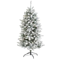 Nearly Natural Flocked Livingston Fir 60"H Artificial Christmas Tree With Pine Cones And Bendable Branches, 60"H x 34"W x 34"D, Green