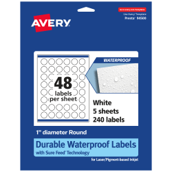 Avery® Waterproof Permanent Labels With Sure Feed®, 94500-WMF5, Round, 1" Diameter, White, Pack Of 240