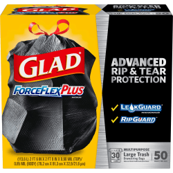Glad ForceFlexPlus Drawstring Large Trash Bags - Large Size - 30 gal - 0.90 mil (23 Micron) Thickness - Black - 50/Box - Home, Garbage, Office, Commercial, Restaurant