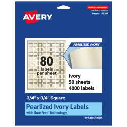 Avery® Pearlized Permanent Labels With Sure Feed®, 94102-PIP50, Square, 3/4" x 3/4", Ivory, Pack Of 4,000 Labels