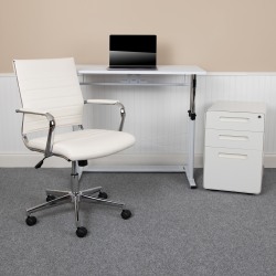 Flash Furniture Work From Home Desk And Chair Set With Adjustable Computer Desk, LeatherSoft Office Chair And Locking Mobile Filing Cabinet, White