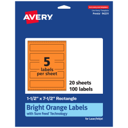 Avery® Print-To-The-Edge Labels With Sure Feed® Technology, 94231-BOP20, Rectangle, 1-1/2" x 7-1/2", Matte Bright Orange, Pack of 100