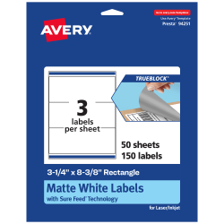 Avery® TrueBlock® Labels With Sure Feed®, 94251-TWMP50, Rectangle, 3-1/4" x 8-3/8", Matte White, Pack Of 150