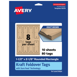 Avery® Print-To-The-Edge Foldover Tags With Sure Feed® Technology, 1-1/2"x2-1/8" Rectangle Rounded, Kraft Brown, Pack Of 80