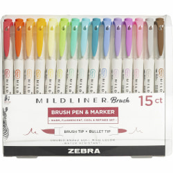 Zebra MILDLINER Dual Ended Brush Pen & Marker Set, Medium Brush Pen Point, Fine Bullet Marker Point, Assorted Ink, White Barrel, 15 / Pack